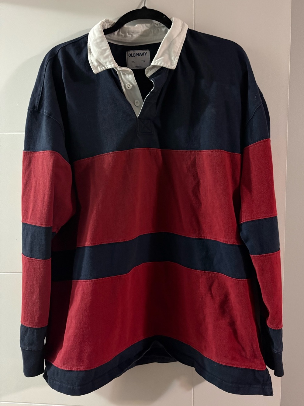 Old Navy Men's Red and Navy Rugby Polo with White Collar